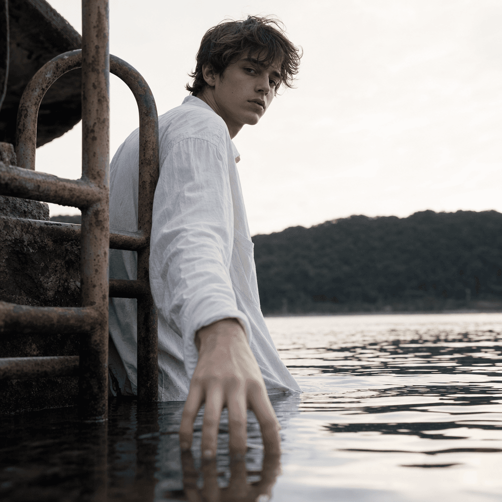 A close-up outdoor scene at the edge of calm water shows a person wading chest-deep or lower near a metal ladder, with one hand gripping a rusted vertical rail and the other hand extended into the water in the foreground.