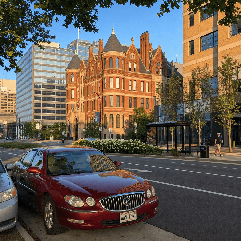 An urban street scene captured in late afternoon with warm, low-angle sunlight illuminating brick and glass facades against a clear blue sky.