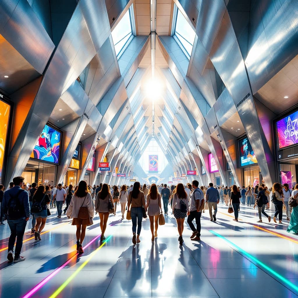 The scene is set in a sleek, modern indoor passageway with a tunnel-like architecture.