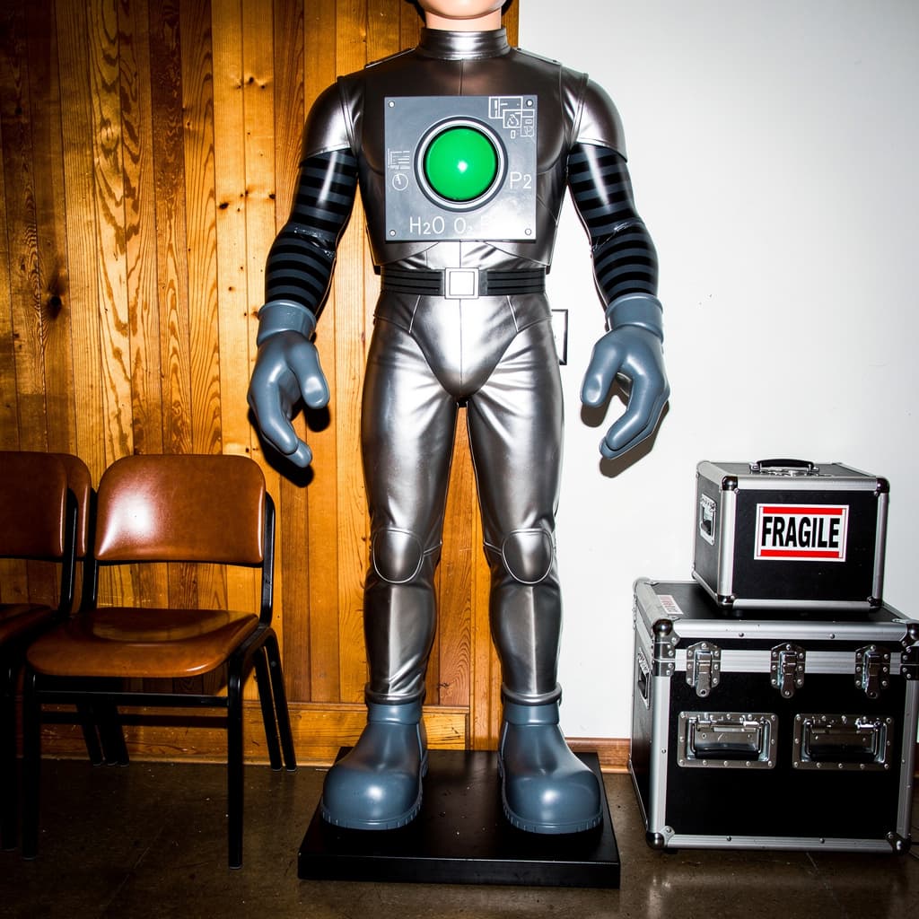 A full-length novelty figure stands indoors against a mixed backdrop of wood paneling and a plain white wall, cropped at the neck and centered in the frame.
