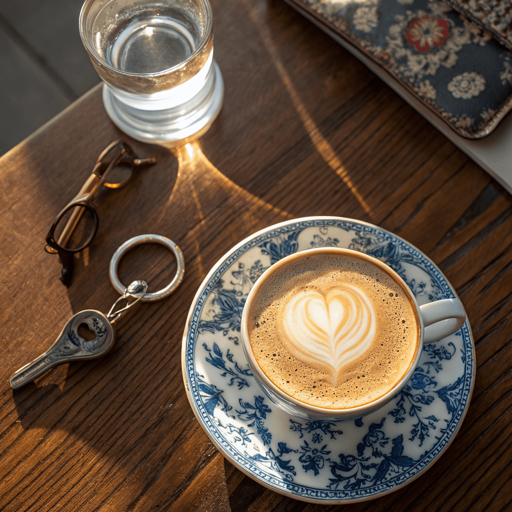A cappuccino sits centered on a white porcelain saucer decorated with a delicate blue floral pattern and a thin silver rim, viewed from a high overhead angle on a dark brown wood-grain table.