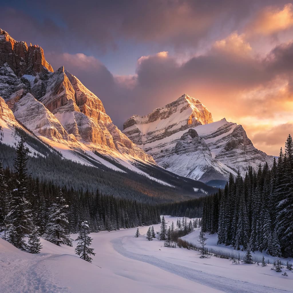 The scene is set outdoors in a breathtaking mountainous landscape, captured during the gentle fade of dusk.