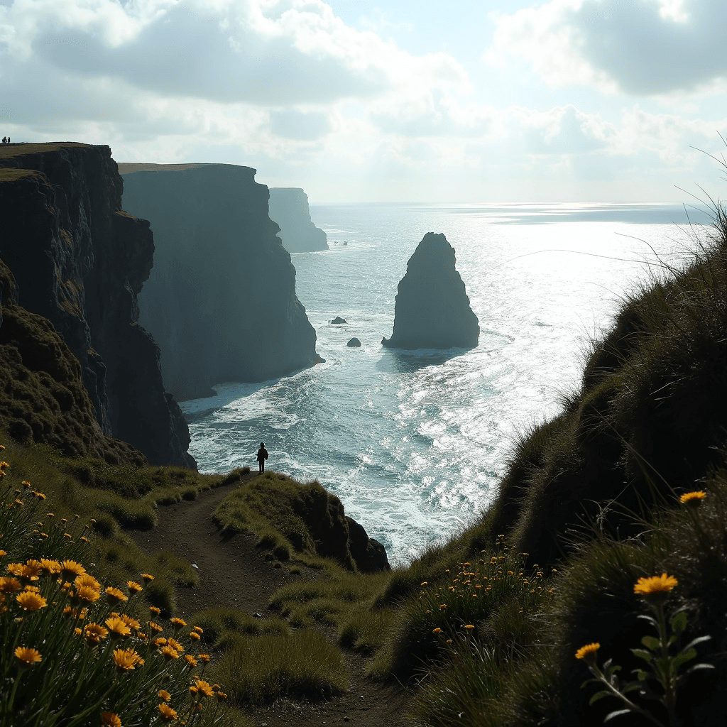 A dramatic coastal landscape captured from a grassy clifftop vantage, showing towering dark sea cliffs plunging into an expansive ocean under a bright, partly cloudy sky.