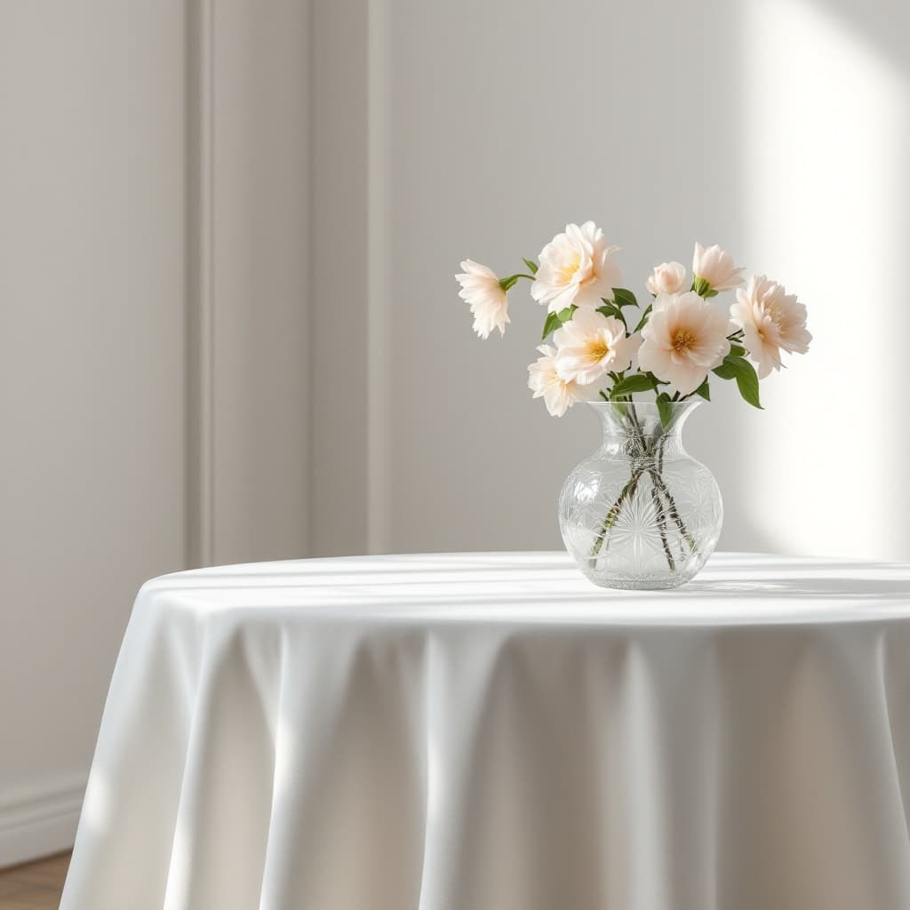 The scene is set indoors, in a sparsely decorated room with minimalistic white walls and soft lighting that gently illuminates the space, creating a serene and peaceful atmosphere.
