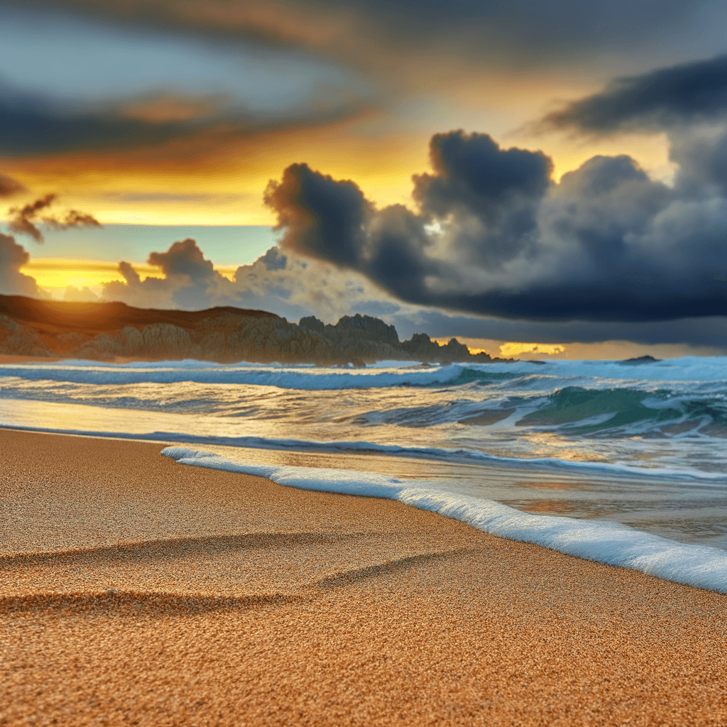 The scene is set outdoors on a sandy beach, likely during the evening as the sky is painted with a dramatic display of colors from the setting sun.