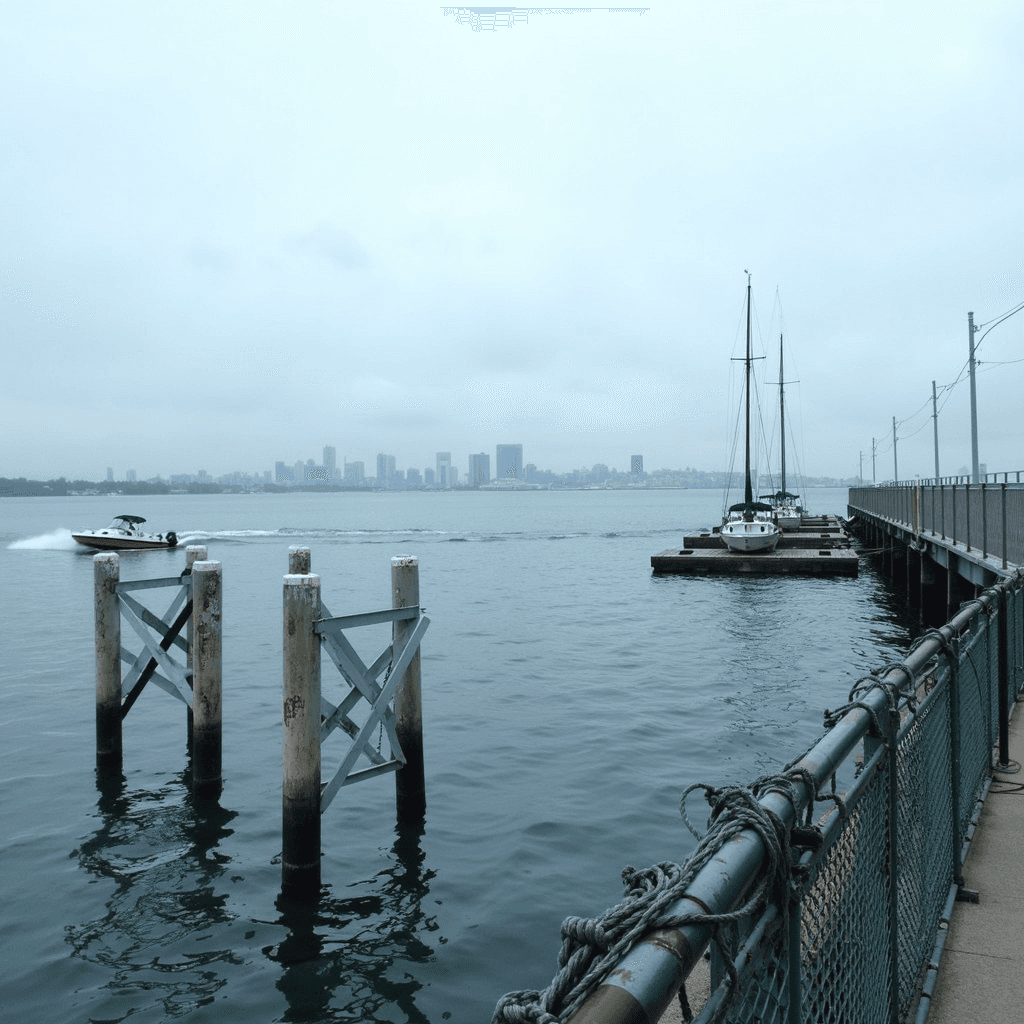 A waterfront scene captured from a pier looking across a broad expanse of gray-blue harbor toward a distant city skyline of mid-rise and high-rise buildings, some glassy and modern, softened by atmospheric haze.