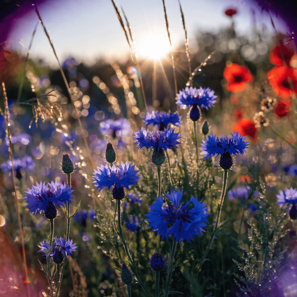 A low-angle, ground-level view captures a wildflower meadow at sunset, with the sun sitting as a bright, glowing orb just above the horizon, casting warm golden and orange light across the scene.
