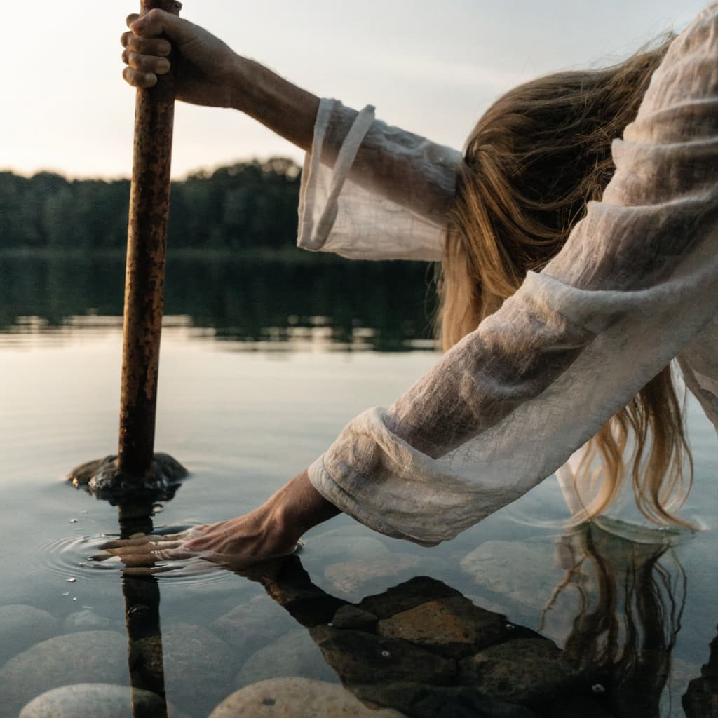 A close-up outdoor scene at the edge of calm water shows a person wading chest-deep or lower near a metal ladder, with one hand gripping a rusted vertical rail and the other hand extended into the water in the foreground.