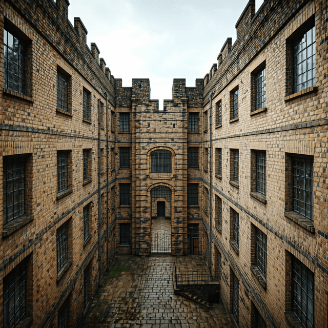 The scene is set outdoors, in an enclosed courtyard surrounded by tall, multi-story brick buildings.