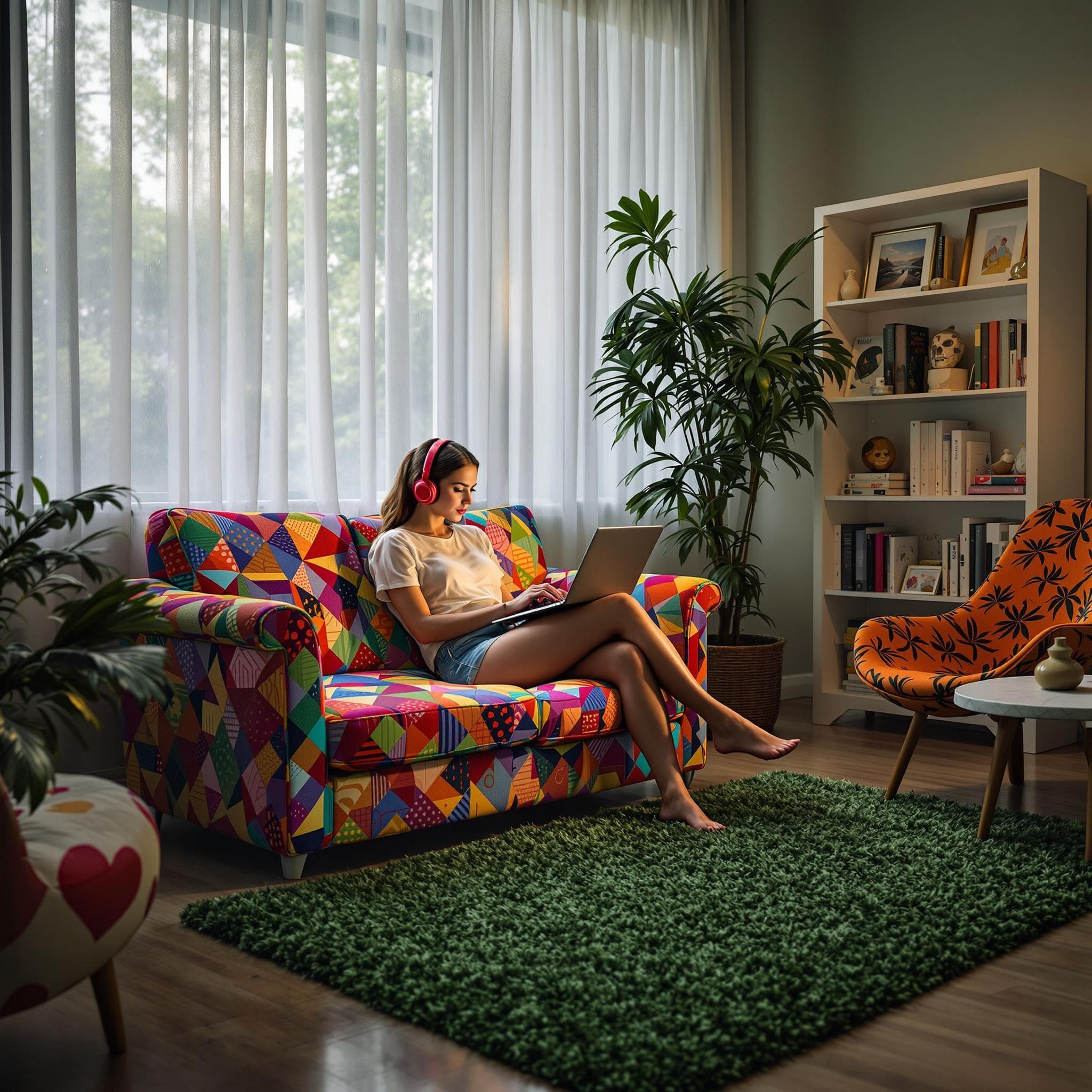 The scene is set indoors in a cozy, well-lit living room.