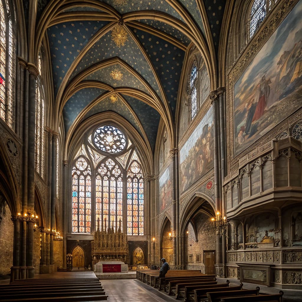 The scene is indoors, likely within a grand cathedral or historical building.