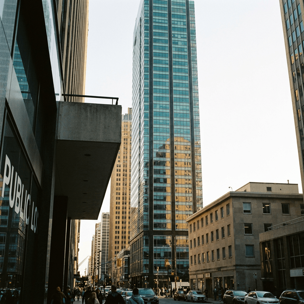 A low-angle street view looks up between modern high-rises, dominated by a tall narrow glass tower with vertical blue-green window bands and dark mullions, its façade reflecting a warm tan building beside it.